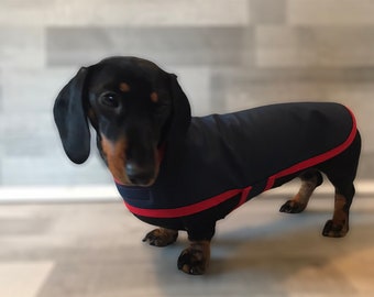 Water resistant Soft Shell Navy & Red Dachshund Coat