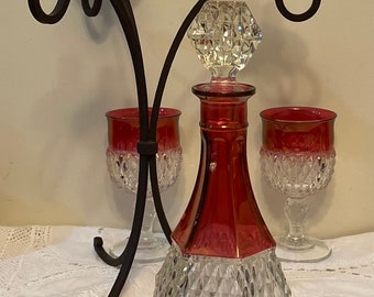 Vintage Indiana glass  diamond point Decanter & stopper Ruby red