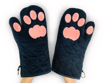 Cricket and Junebug Oven Mitts Cat Paws - Black & Pink