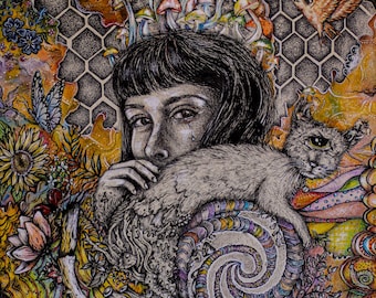 May include: A detailed illustration of a woman with a squirrel, surrounded by mushrooms, flowers, and birds. The artwork uses a variety of colours and textures, with a focus on nature and fantasy elements. The woman has a melancholic expression.