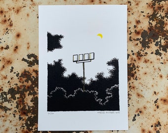 empty sign with crescent moon print - 5x7" hand-printed black and yellow screen print
