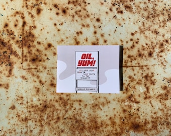 OIL, YUM illustrated zine/comic/artist book of real droplet-shaped oil and gas logos from the gulf south to the midwest