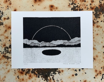 mystery hole print - 5x7" hand-printed black screen print