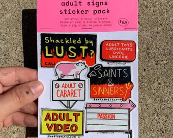 xxx adult signs sticker pack - 6 vinyl stickers of iconic adult attraction roadside highway signs