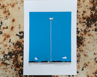 weather balloon surveillance ballon print - 5x7" hand-printed black and blue screen print