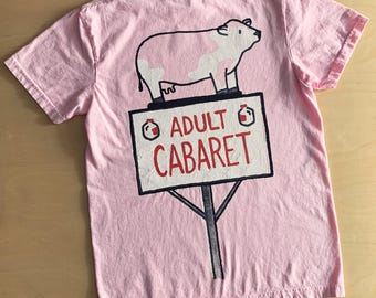 Adult Cabaret sign with pink cow and strawberry milk carton pink adult tee