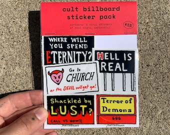 cult religious billboard sticker pack - 5 vinyl stickers of iconic southern/midwestern roadside highway signs