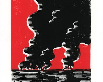 smoke plume over water - 8x10 linocut linoleum block print