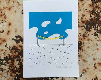 party banners in the desert print - 5x7" hand-printed black, yellow and blue screen print