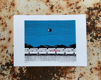 pink train car and crescent moon print - 5x7" hand-printed black, pink and blue screen print