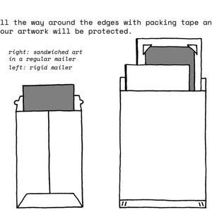 May include: A black and white line drawing illustration showing two mailing methods. Text reads: all the way around the edges with packing tape and your artwork will be protected. right: sandwiched art in a regular mailer left: rigid mailer.