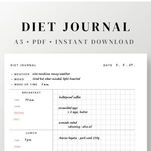 DIET JOURNAL A5 printable planner, daily meal planner, printable diary digital files, diet management for losing weight, ketogenic diet