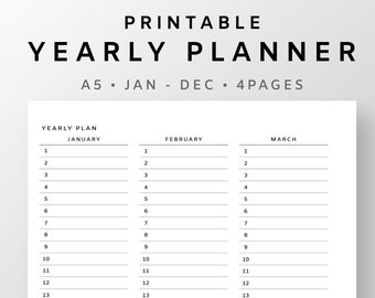 A5 Yearly Planner Printable | Vertical 4 pages Inserts | Undated Year Overview | Yearly Agenda Template | Year at a Glance | Blocking Slot