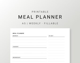 A5 Inserts, Weekly Meal Planner Fillable, Meal Plan & Grocery Shopping List, Weekly Food Diary Printable, Menu Planner