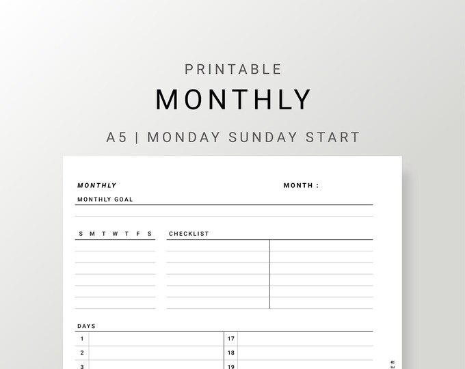A5 Undated Monthly Overview Planner Inserts Printable, Month on One ...