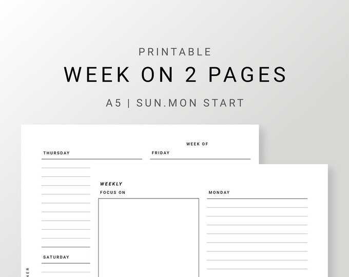 A5 Inserts, Undated Weekly Planner Printable Template, Week on Two ...