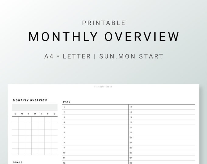 A4 Letter Monthly Overview Horizontal Inserts, Undated Printable ...