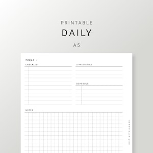 A5 Daily Planner Printable Inserts, Undated Day on One Page, Daily Journal Refill, Daily Organizer Template