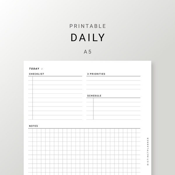 A5 Daily Planner Printable Inserts, Undated Day on One Page, Daily Journal Refill, Daily Organizer Template