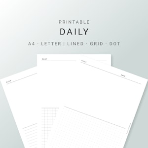 Carta A4, Planificador diario imprimible, Plantilla de diario de dibujo, Plantilla láctea minimalista diaria, Día en una página, 3 versiones alineadas, cuadrícula, punto