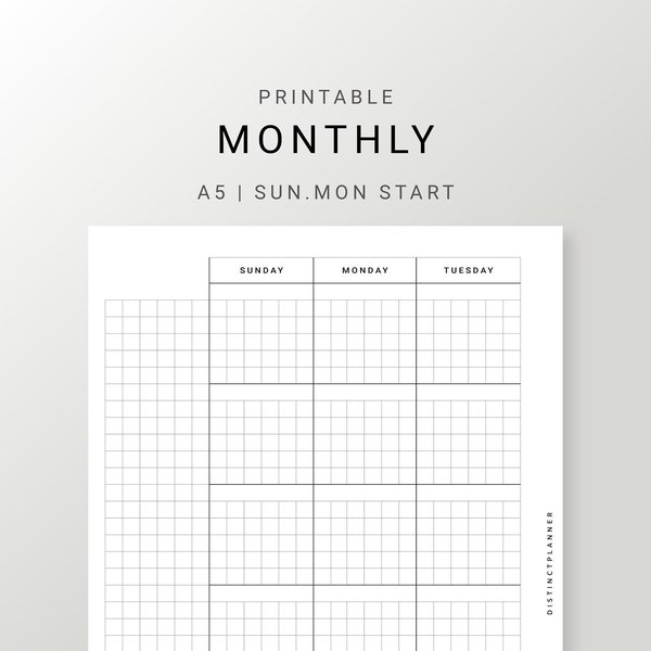 Undated Monthly Planner A5 Inserts, Month on Two Pages for Minimalist, Monthly Schedule Organizer Template, Monday Sunday Start