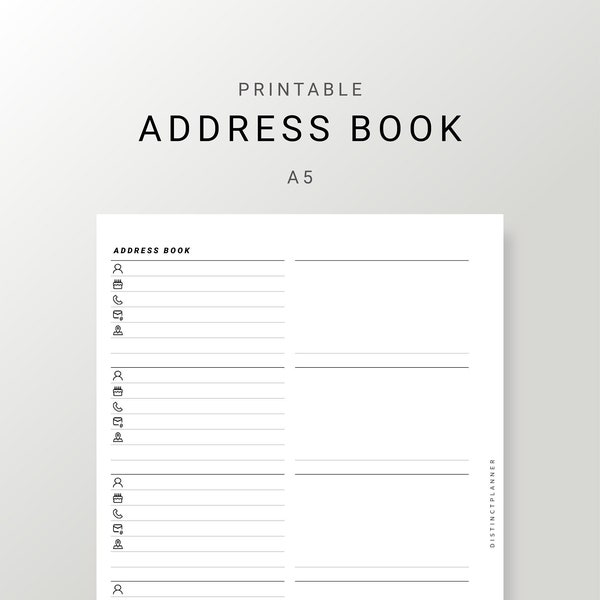 A5 Address Book Printable Inserts, Contact List Template Planner Refill, Contact Information Sheet for Minimalist