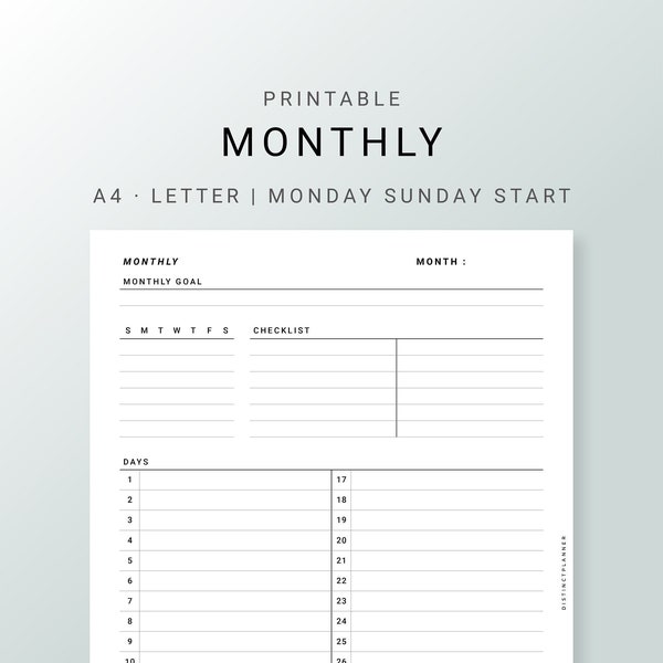 A4 Letter Size, Undated Monthly Overview Planner Inserts Printable, Month on One Page, Month At A Glance with Mini Calendar