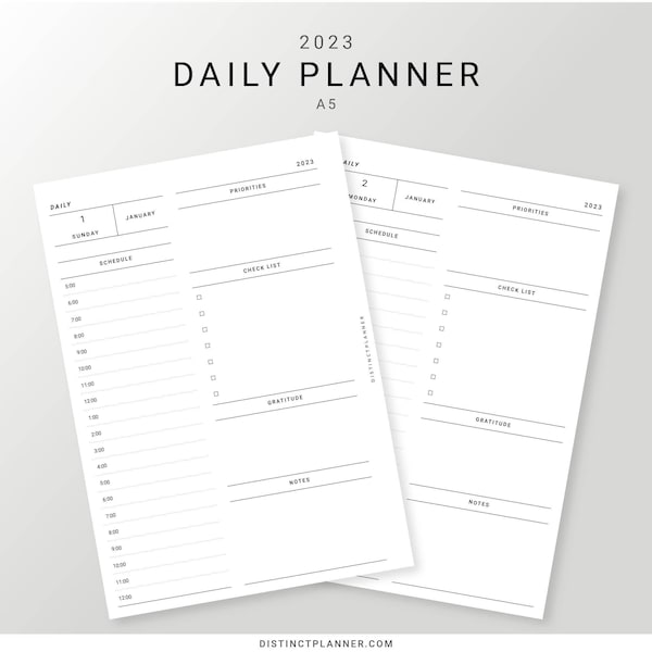 A5 2023 Daily Planner Inserts, Dated Planner Printable, Daily Schedule Organizer for Minimalist, Daily Hourly Agenda, 5am Start