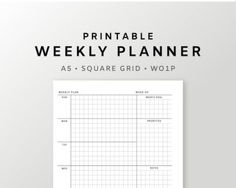 student homework diary A5 | Weekly Planner Printable | Undated Minimal Journal Insert | Weekly Overview Template Square Grid | Graph Paper Minimalist Diary Refill