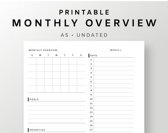 A5 | Undated Monthly Planner | Printable Overview on a Page | Schedule Management | Month at a Glance | Calendar Layout | Journal Inserts