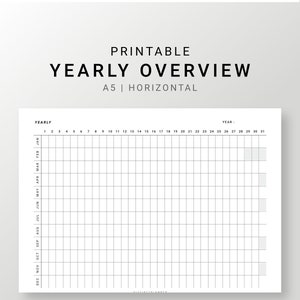Yearly Overview Printable, Year at a Glance, Undated Yearly Planner A5 Inserts, Year on One Page, Yearly Agenda Template, Horizontal Layout