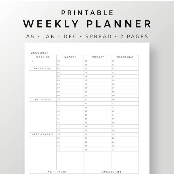 Weekly Hourly Planner | A5 Undated Journal Inserts | 24 hour Time Blocking Printable | Schedule Layout | Hourly Vertical Log 2 pages | BUJO