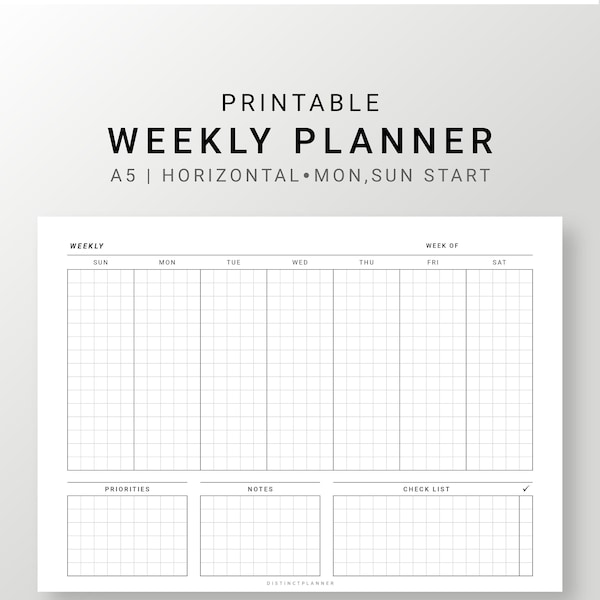 Undated Weekly Planner Printable A5, Horizontal Weekly Inserts, Minimalist Weekly Journal, Sun Mon Start, Square Grid Digital Planner PDF