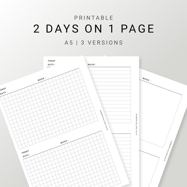 A5 2 Tage auf 1 Seite, Daily Planner Printable Inserts, Daily Journal für Minimalist, Daily Diary Minimal Design, Undatiertes 2D1P