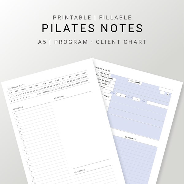 Printable Planner FOR PILATES INSTRUCTORS, A5 Printable Editable planner, program note, sequence note, daily planner, client chart