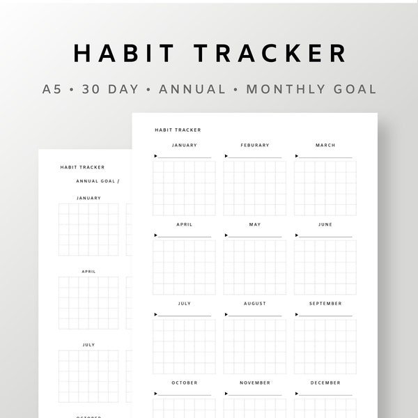 Monthly Habit Tracker 30 days | Yearly Goal Planner Printable | A5 Habit Plan Worksheet | Minimalist 30 days plan | Tracking Overview 1 page