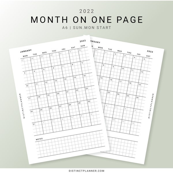 A6 2022 Month On One Page, Full Dated Monthly Planner Printable Inserts, Monthly Journal for Minimalist, Dated Monthly Grid Layout