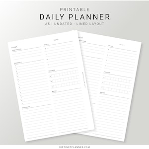 Daily A5 Planner Inserts Printable, Hourly Schedule Organizer Template, To do list Productivity Template, Lined Layout, Habit Goal Tracker