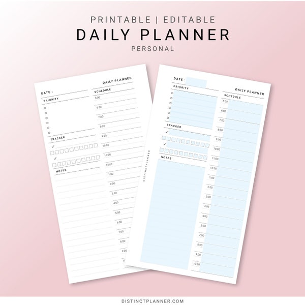 Personal Size, Undated Daily Planner Printable, Daily Organizer Editable Template, Day on One Page Layout for Minimalist, 5am Start Schedule