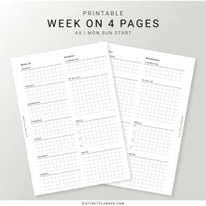 A5 Week on 4 Pages, Weekly Vertical Agenda, Weekly Planner Inserts, Monday Sunday Start, Weekly Organizer, Printable Weekly Template