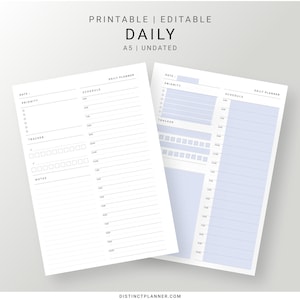 A5 Daily Planner Inserts Printable Editable, Daily Organizer Hourly Schedule, Daily Agenda, Minimalist Day Planner, Productivity To do list