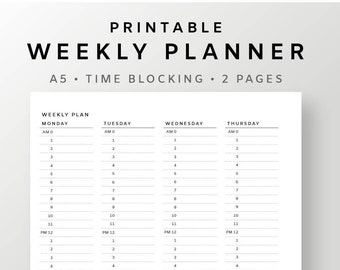 A5 | Weekly Time Blocking Printable | 24 Hourly Planner | Undated Weekly Schedule Inserts | Digital Template on 2 pages | Weekly Overview