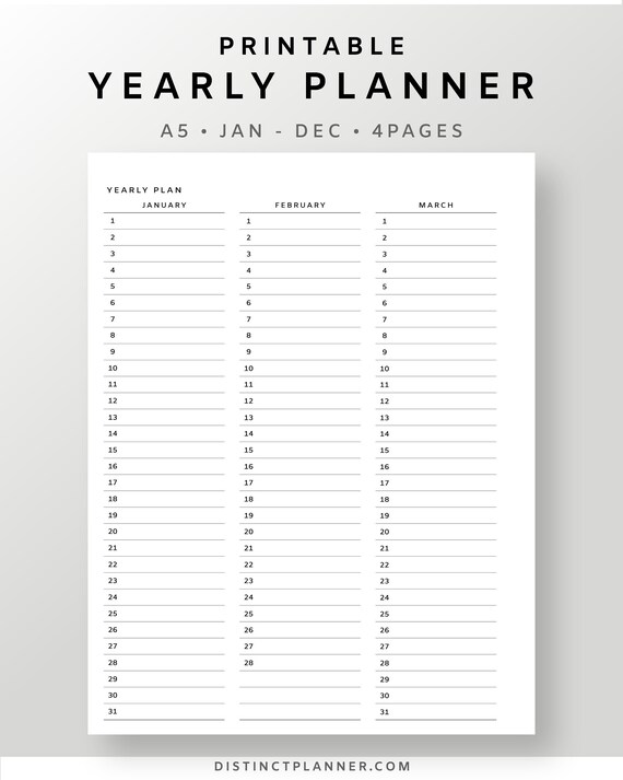 A5 Yearly Planner Printable Vertical 4 Pages Inserts - Etsy