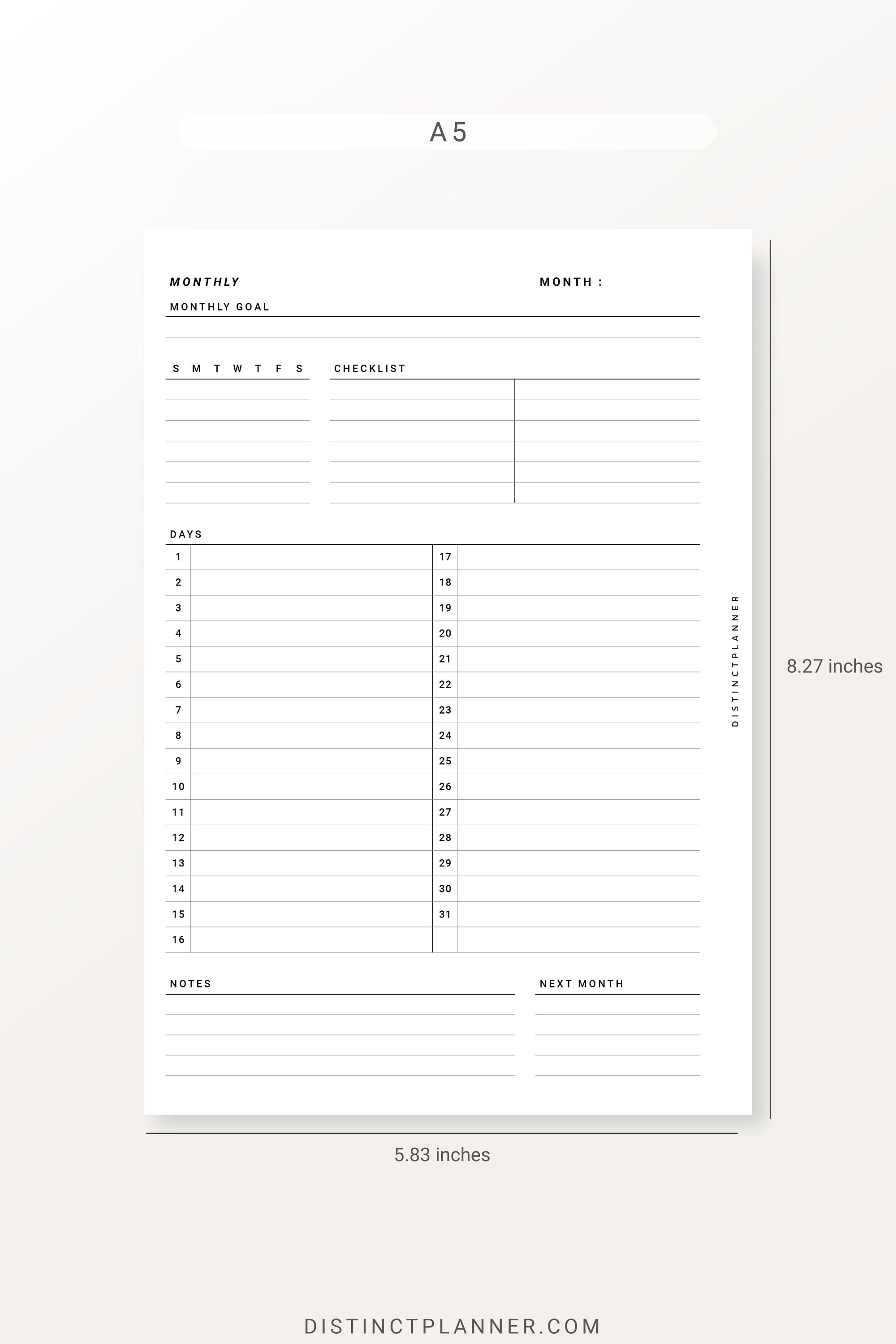 A5 Undated Monthly Overview Planner Inserts Printable, Month on One ...