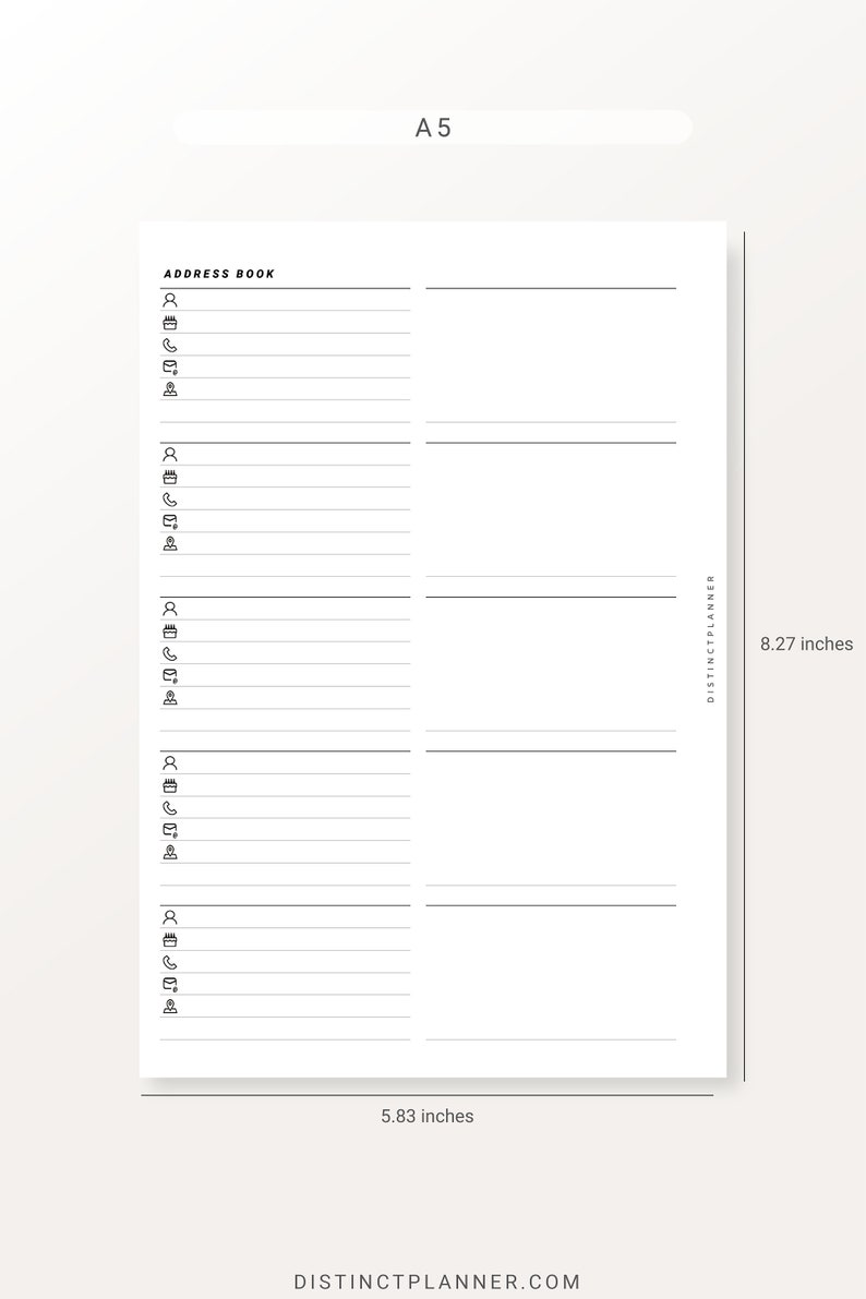 A5 Address Book Printable Inserts, Contact List Template Planner Refill ...