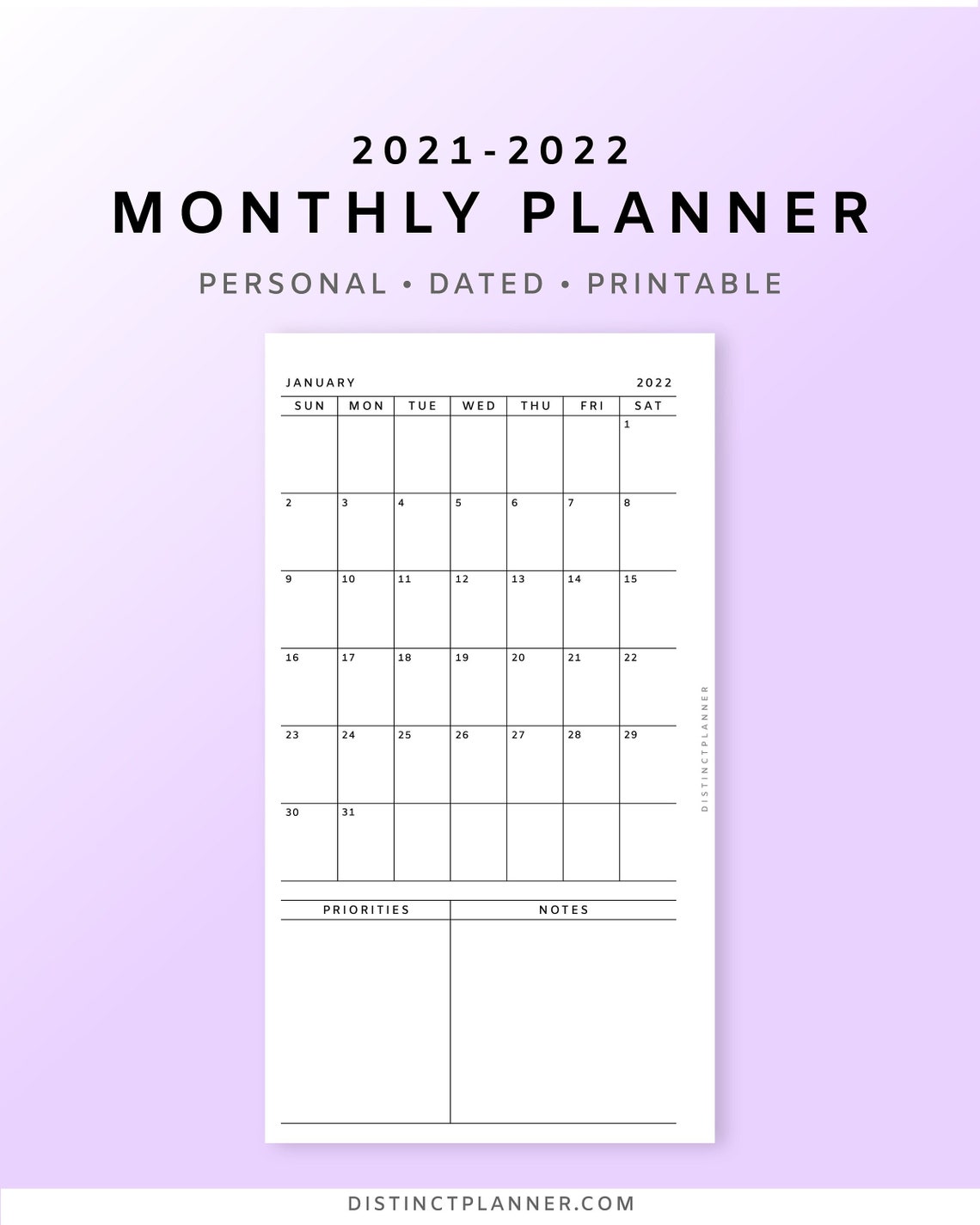 2021 2022 Monthly Planner Printable Dated Monthly Calendar Etsy