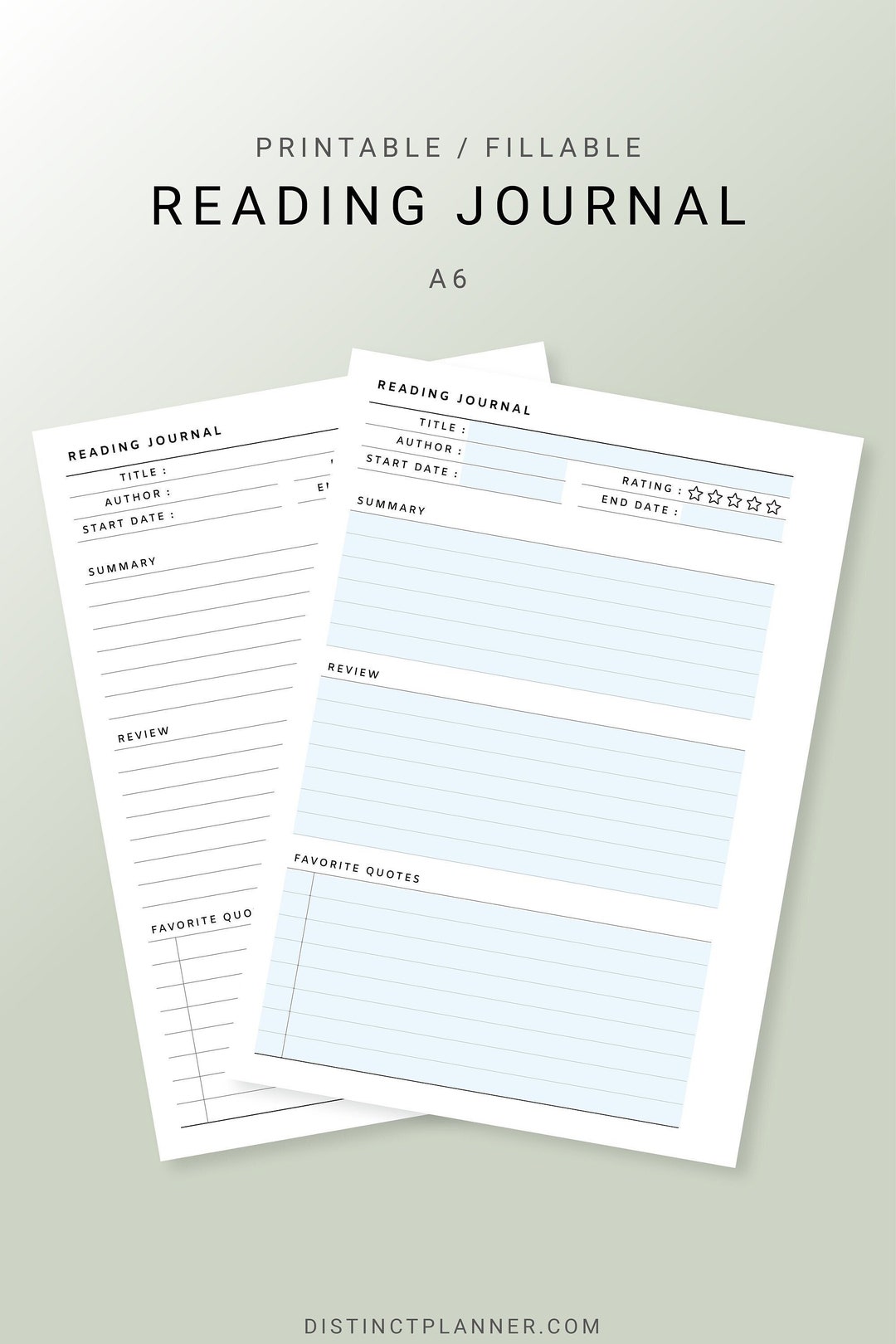 A6 Reading Journal Printable Editable | Book Review Template PDF | Book ...