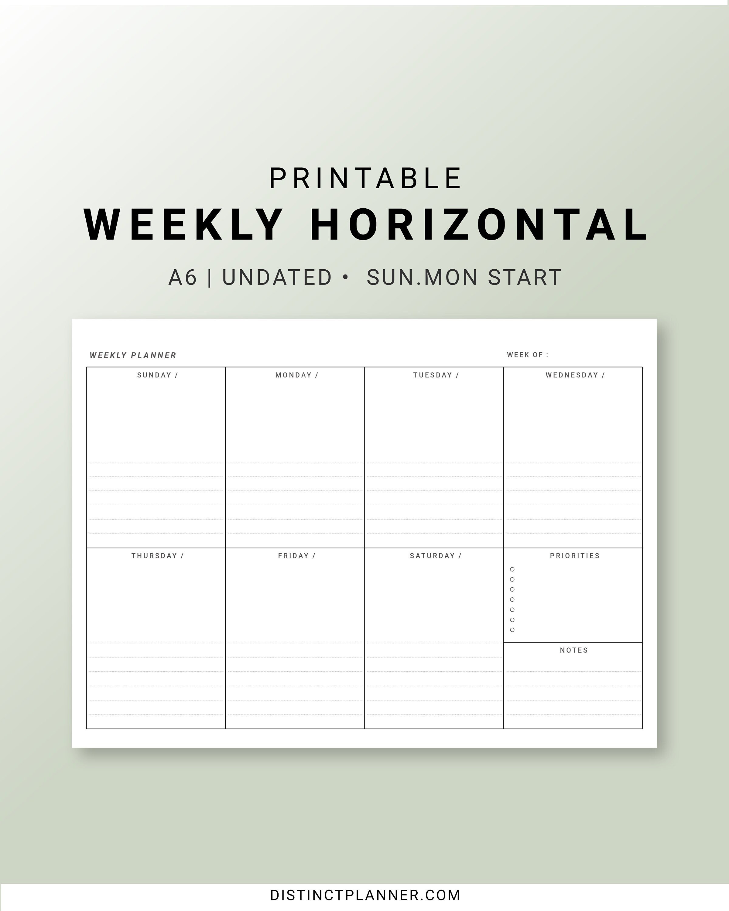 Weekly Horizontal Planner Printable A6 Inserts WO1P Weekly Etsy