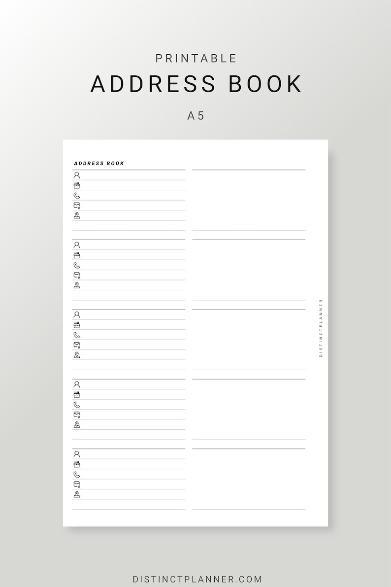 A5 Address Book Printable Inserts, Contact List Template Planner Refill