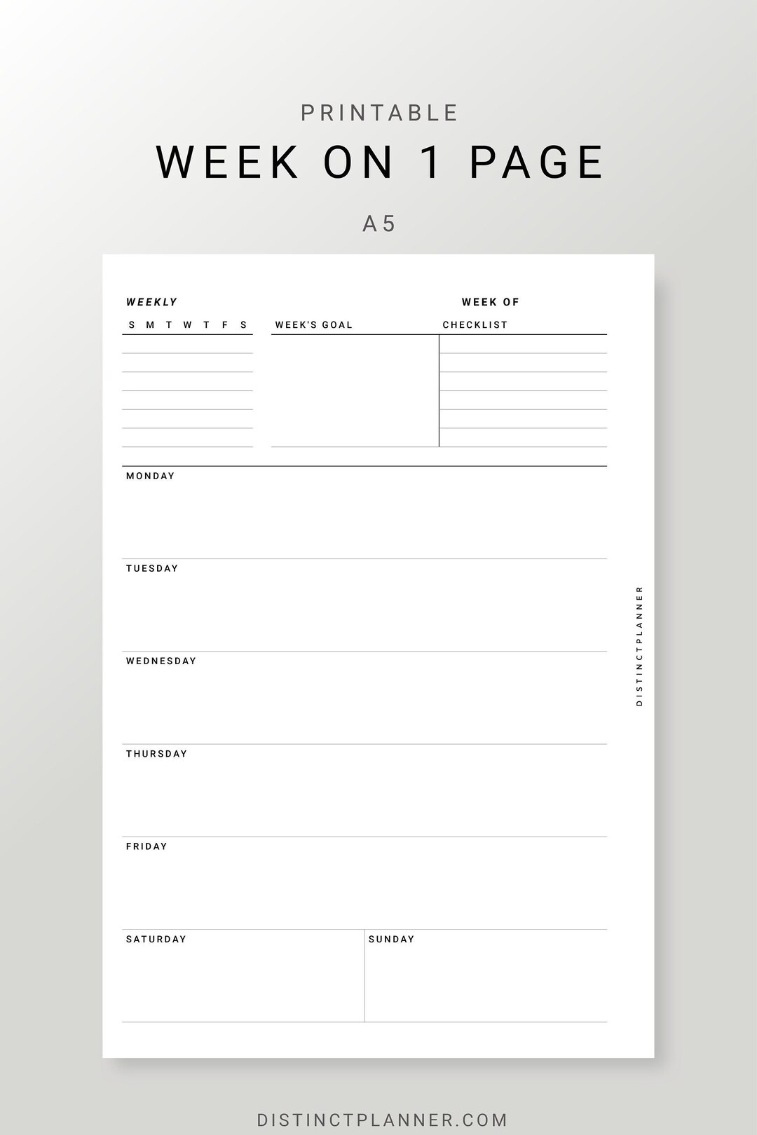A5 Inserts, Undated Weekly Planner Printable, Week on 1 Page, Weekly ...